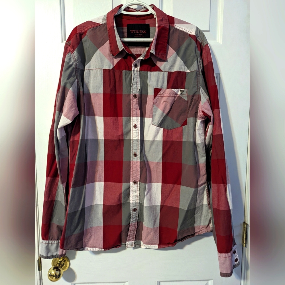 Men's Guess Red, White, and Grey Plaid Long-Sleeve Button Up Shirt